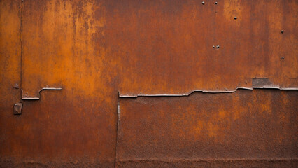 Rusty textured metal surface with a horizontal seam and rivets, showcasing various hues of orange and brown. - obrazy, fototapety, plakaty