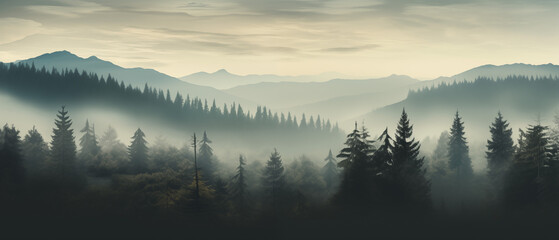 Misty Landscape With Fir Forest in Vintage Retro Style