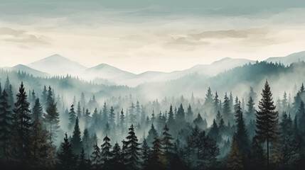 Misty Landscape With Fir Forest in Vintage Retro Style - obrazy, fototapety, plakaty