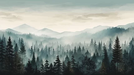 Tissu par mètre Forêt dans le brouillard Misty Landscape With Fir Forest in Vintage Retro Style