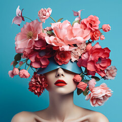 A stunning portrait of a young woman with fresh spring flowers in her hair, wearing an eye mask, combining natural beauty and the current need for protection.