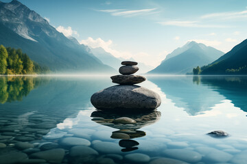 Beautiful lake landscape with balancing rocks and mountains in the background