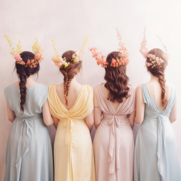 Four girls with long hair, each with flowers in her hair. The flowers are in pastel colors, creating an image of tenderness and elegance.