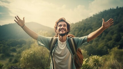 Happy man with arms outstretched standing outside - Delightful traveler with backpack enjoying summer trip - obrazy, fototapety, plakaty