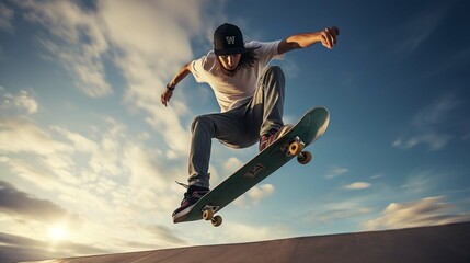 Skater doing kickflip on the ramp at skate park - Stylish skaterboy training outside - Powered by Adobe