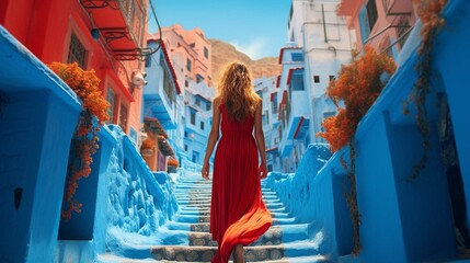 Young woman with red dress visiting the blue city Chefchaouen, Marocco - Happy tourist walking in Moroccan city