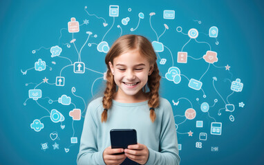 Smiling little girl holding smartphone over blue education background with icons