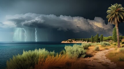 A storm is coming over the ocean with a palm tree in the foreground - obrazy, fototapety, plakaty