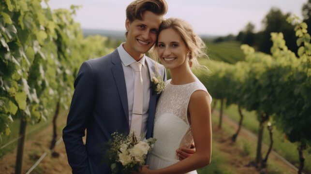 A bride and groom posing for a picture in a vineyard