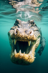 The head of an alligator looking up into the water - obrazy, fototapety, plakaty