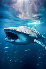 The largest mouthful of large fish, a whale shark, swims through the sea near the tropical waters.