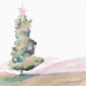 Christmas Tree in Greens, Pinks & Peach or Light Oranges with Shining Star of Bethlehem on Top Tor as Topper Textured Art, Artwork, Illustration, Design, Painting