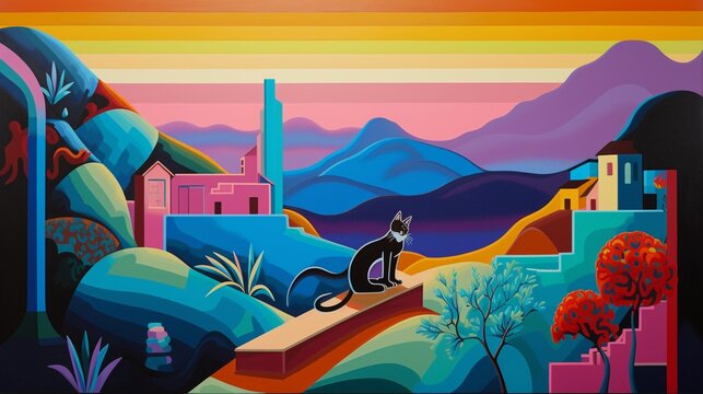 Cat top mountains style camille colorful painting wallpaper image AI generated art