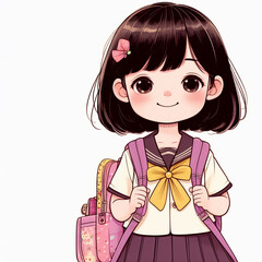 Childlike Illustration of a Sweet-Smiling Schoolgirl with Her Backpack