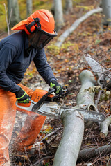 Man cutting wood in the forest.