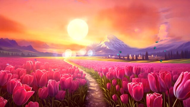 tulips flower field on sunset beautiful view animation video background looping for live wallpaper 