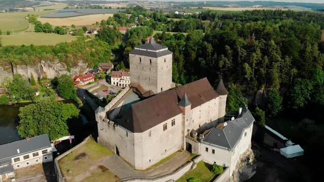 Drone view of Kost Fortress. The medieval castle of the Czech Republic, located in the Czech Paradise Reserve near the border with the Central Bohemian Region.