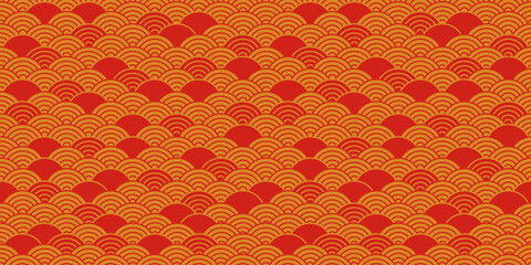 Chinese seamless pattern, japanese background, oriental red texture. Asian New Year vector ornament. Traditional motif, wave gold style. Decoration illustration
