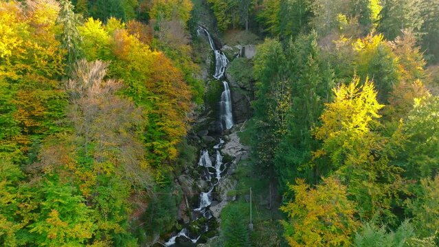 Aerial view of Giessbach Falls on Lake Brienz in Switzerland in autumn.