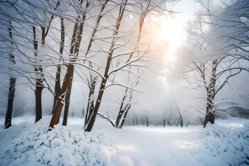 winter forest in the fog generated by AI technology	