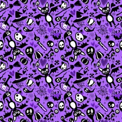 Halloween cartoon doodle seamless bat and cat and ghost and skulls pattern for wrapping paper and fabrics