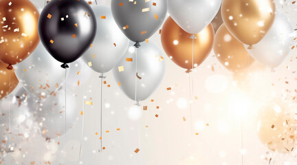Happy birthday. Air balloons, Foil balloons, Birthday balloon, glitter confetti elements. Birthday card. gold, silver. copyspace