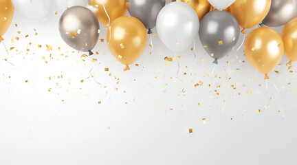 Happy birthday. Air balloons, Foil balloons, Birthday balloon, glitter confetti elements. Birthday card. gold, silver. copyspace