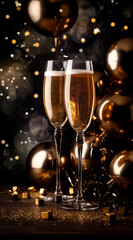 Champagne Glass Adorned with Christmas Baubles, Starry Holiday Background, Glitter, and Twinkling Lights. Golden Christmas Celebration with Sparkling Balloons, Glitter, and Confetti. Happy New Year