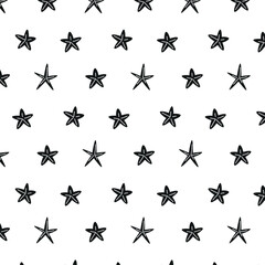 Black starfish pattern on a transparent background, summer pattern for textiles and paper. Starfish flat illustration. vector seamless pattern