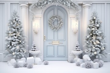 Fototapeta na wymiar Festive Entrance Featuring a Decorated Christmas Door on White. Christmas decor close up details isolated on white background