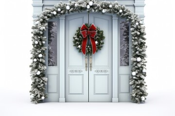 Festive Entrance Featuring a Decorated Christmas Door on White. Christmas decor close up details isolated on white background