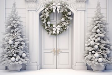 Fototapeta na wymiar Festive Entrance Featuring a Decorated Christmas Door on White. Christmas decor close up details isolated on white background