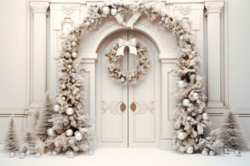 Festive Entrance Featuring a Decorated Christmas Door on White. Christmas decor close up details isolated on white background