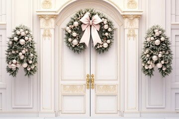 Festive Entrance Featuring a Decorated Christmas Door on White. Christmas decor close up details isolated on white background
