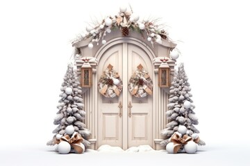 Festive Entrance Featuring a Decorated Christmas Door on White. Christmas decor close up details isolated on white background