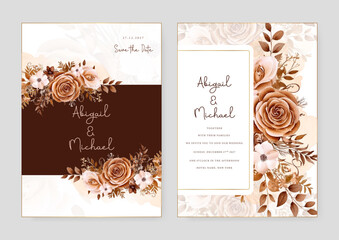 Beige and brown rustic rose and poppy wedding invitation card template with flower and floral watercolor texture vector