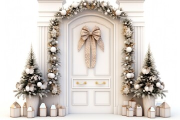Holiday Elegance with Decorated Christmas Door in Isolation.
