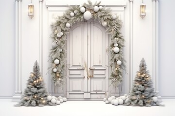 Holiday Elegance with Decorated Christmas Door in Isolation.