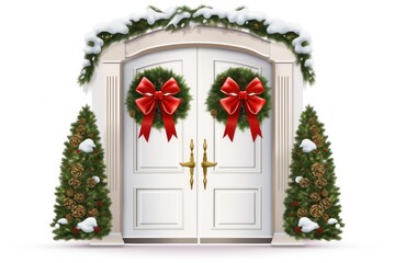Fototapeta premium Holiday Elegance with Decorated Christmas Door in Isolation.