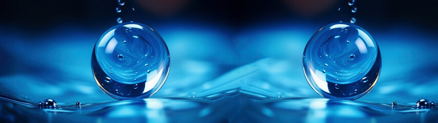 Two water drops, balls, bubbles in smooth water surface and blue, black background, macro image 