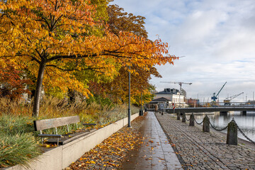 Norrköping waterfront and Motala stream in Norrkoping during early November 2023. Norrköping is a...