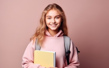 Portrait of a smiling cheery girl student with backpack holding books and looking at camera