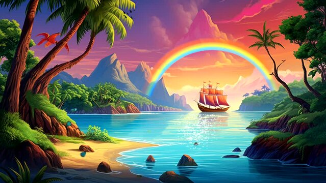 sailboat on the beach with sunset in island paradise in rainbow video background looping for live wallpaper Seamless looping 4K virtual video animation background