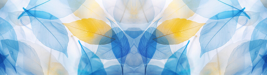 Transparent leaves with streaks or structure of pastel blue and yellow colors as texture background