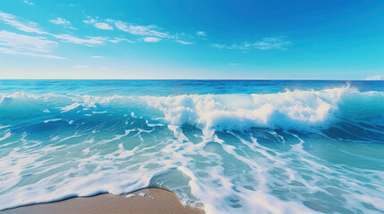 Waves of ocean water or sea in summer,  bright blue and turquoise colors in early morning sun light cloudy sky, background 