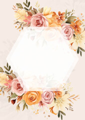 Pink orange and beige wreath background invitation template with flora and flower