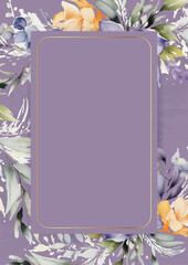 Purple violet and orange watercolor hand painted background template for Invitation with flora and flower