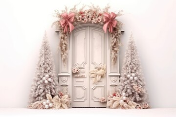 Fototapeta na wymiar Elegant and luxurious Christmas door decoration isolated on white background with copy space. Christmas tree and decoration