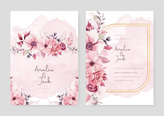 Pink peony and poppy wedding invitation card template with flower and floral watercolor texture vector