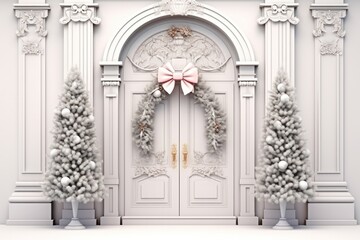 Elegant and luxurious Christmas door decoration isolated on white background with copy space. Christmas tree and decoration